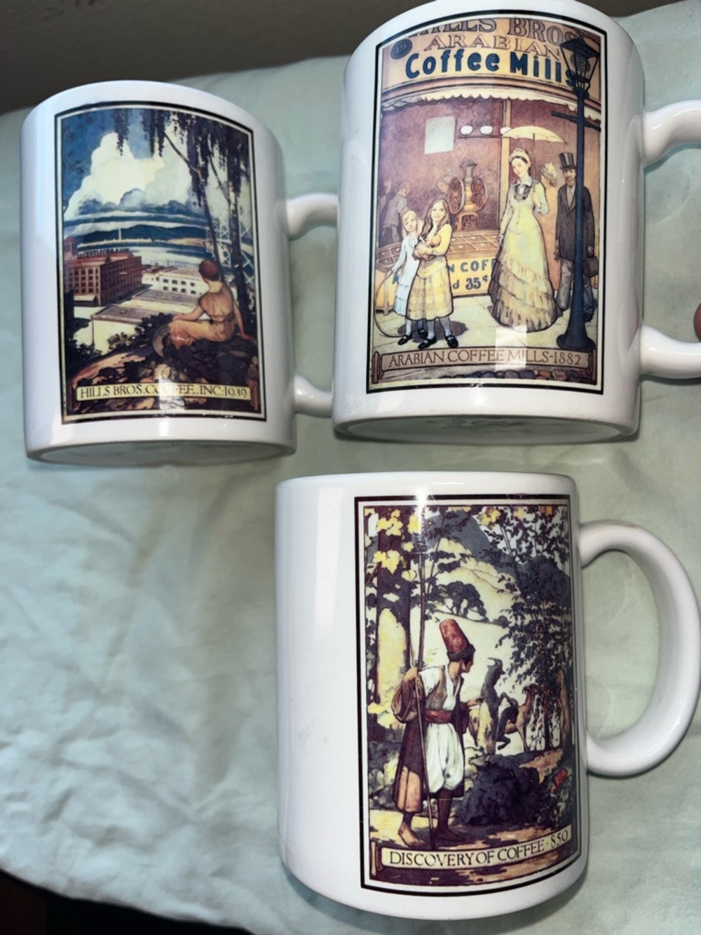 Hill Bros. Ceramic Coffee Mugs Vintage History of Coffee illustrations Set 3
